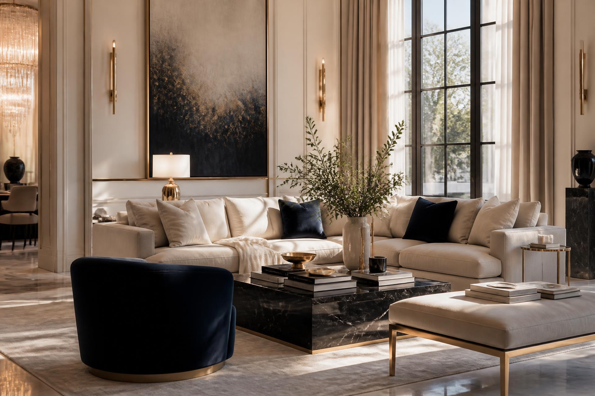 A quietly luxurious Charlotte living room, meticulously kept
